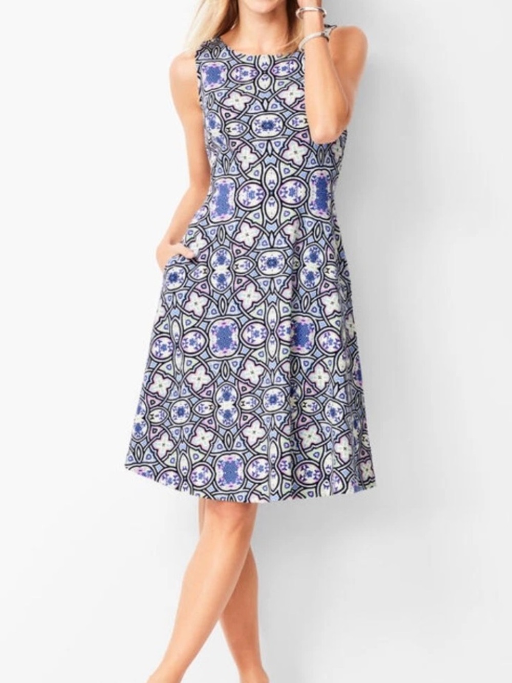 Talbots Edie Medallion Sleeveless Blue & White Mosaic Print Fit & Flare Dress